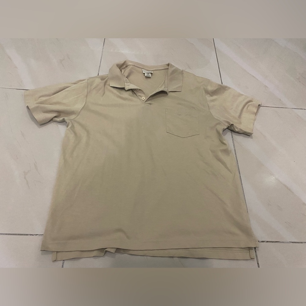 LL Bean Polo Pocket Shirt Mens Large Beige Color Cotton Short Sleeve